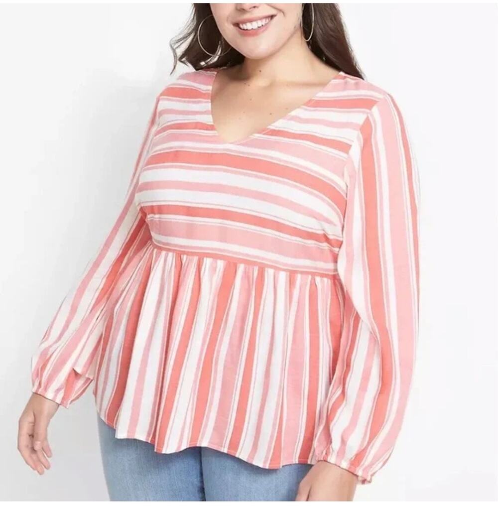 Lane Bryant Babydoll Top Women's 22/24 White Pink Striped V-Neck Lightweight NWT
